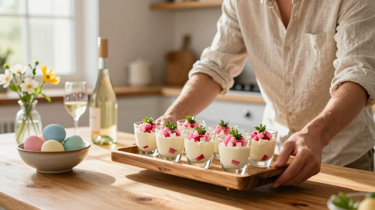Pessoa a servir sobremesas com frutos vermelhos numa bandeja de madeira numa cozinha iluminada pela luz natural.