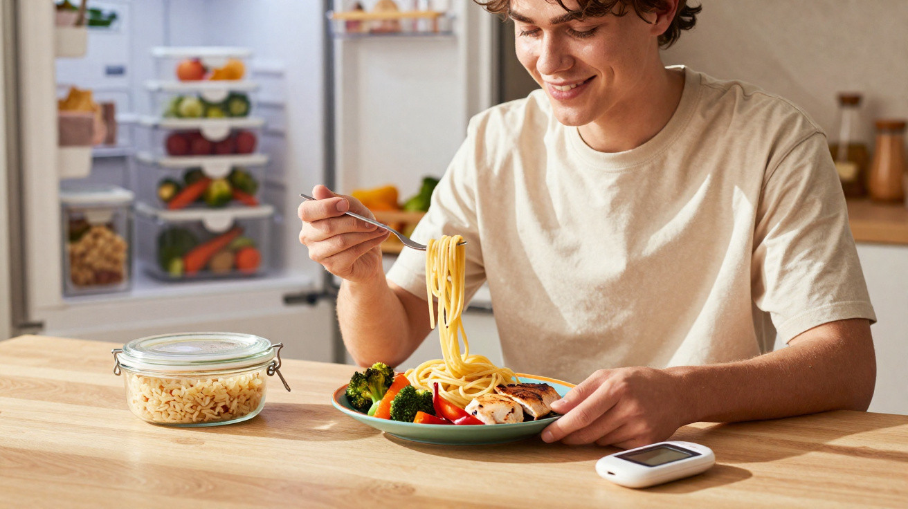 Jovem sentado a comer esparguete com legumes e frango numa cozinha com frigorífico ao fundo.