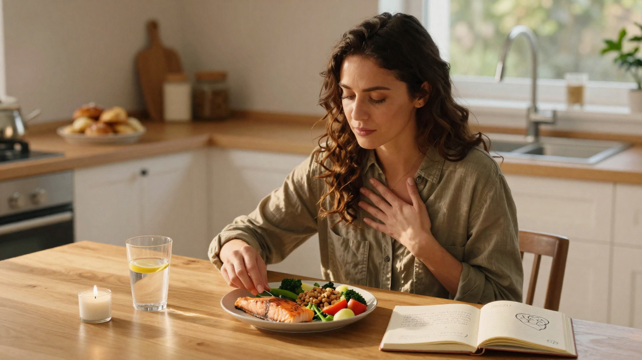 Mulher a comer salmão com legumes, sentada a uma mesa com um livro aberto e vela acesa numa cozinha.