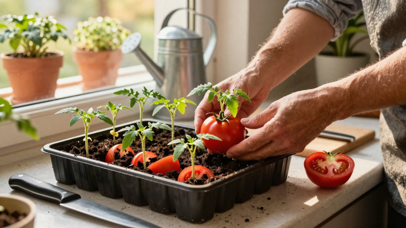 Mãos a transplantar uma planta de tomate a partir de um tomate maduro numa bandeja de plantação interior.