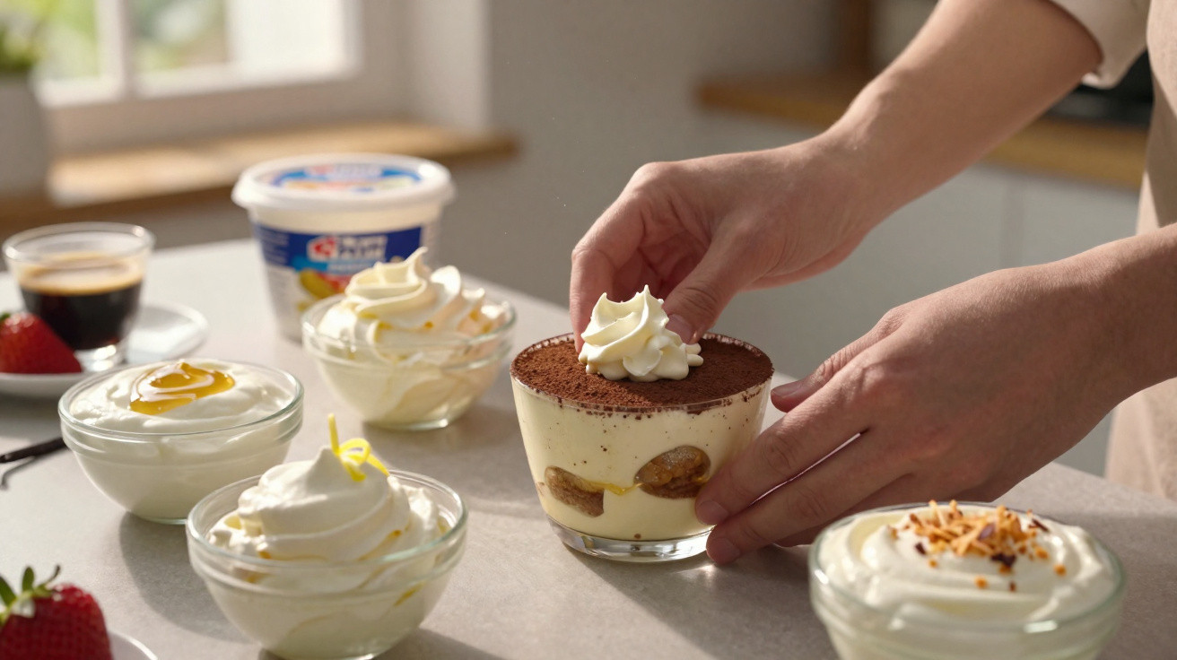 Pessoa a decorar sobremesa tiramisu com natas, rodeada de iogurtes, morangos e café na cozinha.