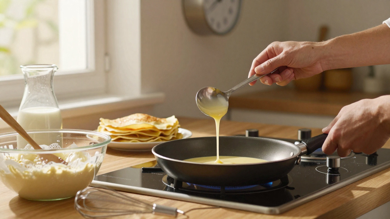Mãos a despejar massa numa frigideira para cozinhar panquecas numa placa de fogão a gás.