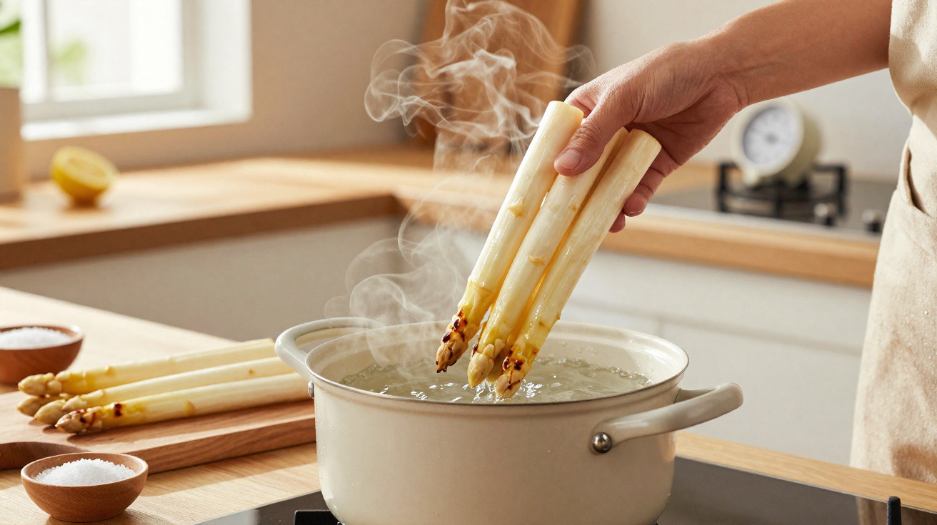 Pessoa a cozer espargos brancos em panela com vapor numa cozinha iluminada.