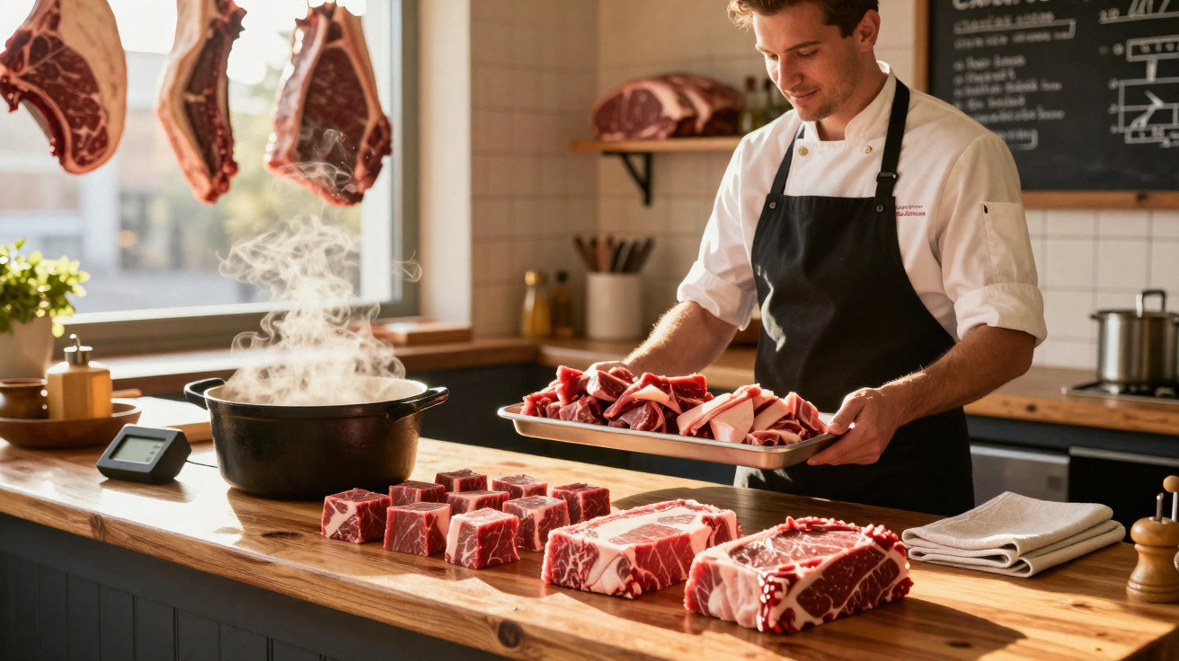 Chef numa cozinha a preparar cortes de carne crua, com peças penduradas e panela a fumegar.