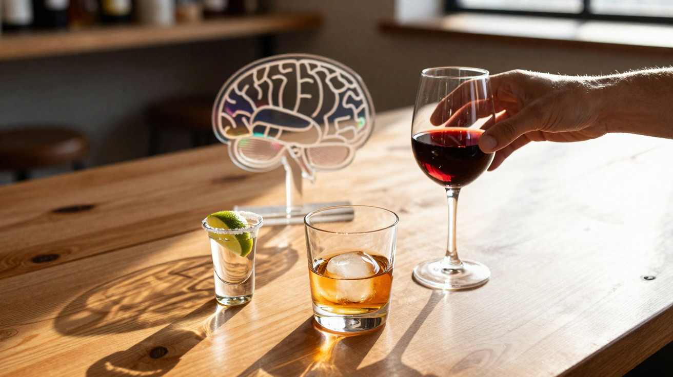 Três copos com diferentes bebidas alcoólicas num balcão de madeira, com uma mão a segurar um copo de vinho tinto.
