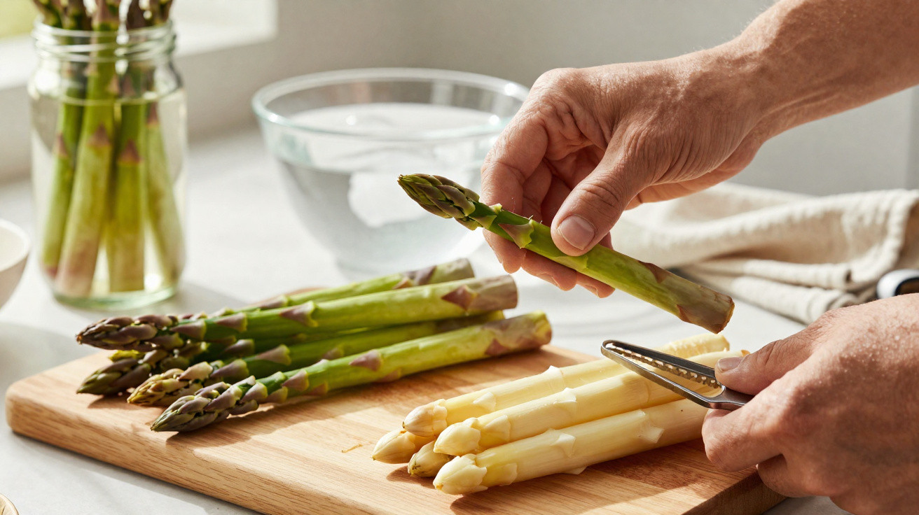 Pessoa a descascar espargos verdes e brancos numa tábua de cortar em cozinha luminosa.
