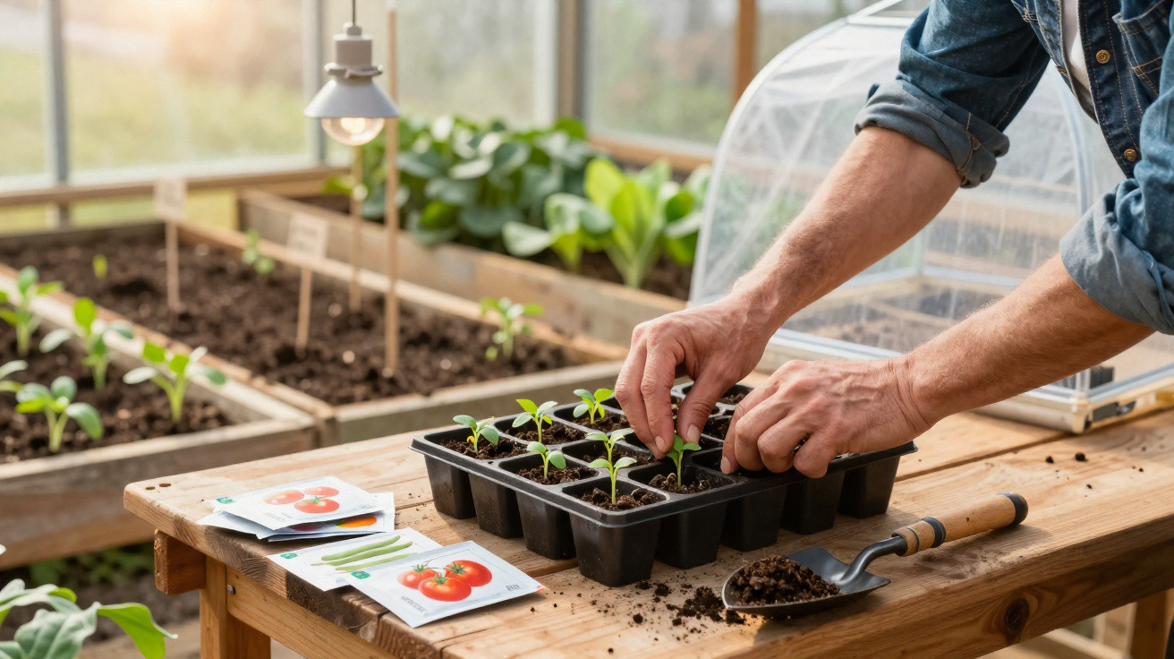 Mãos plantando mudas numa bandeja de sementeiras dentro de uma estufa com sementes e espátula na mesa.