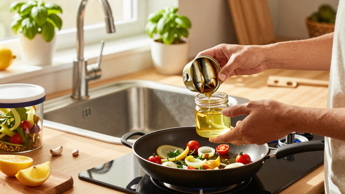 Pessoa a deitar sardinhas em azeite numa frigideira com legumes numa cozinha moderna.