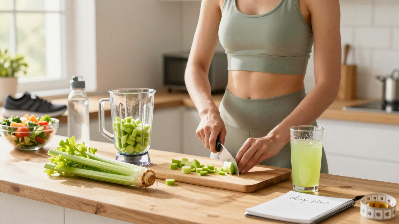 Pessoa a cortar aipo para sumo verde, com salada, caderno de dieta e fita métrica numa cozinha moderna.