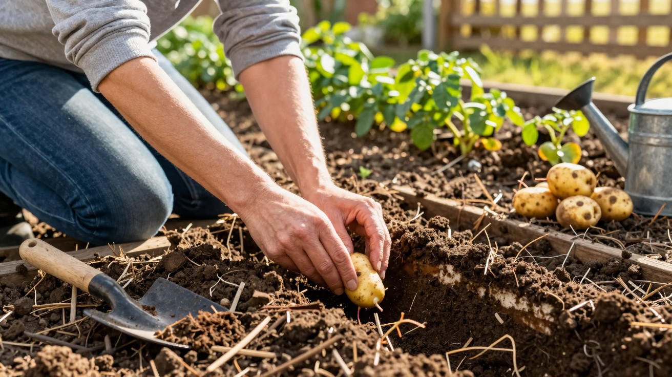 Pessoa a plantar batatas no solo de uma horta, com regador e balde ao lado.