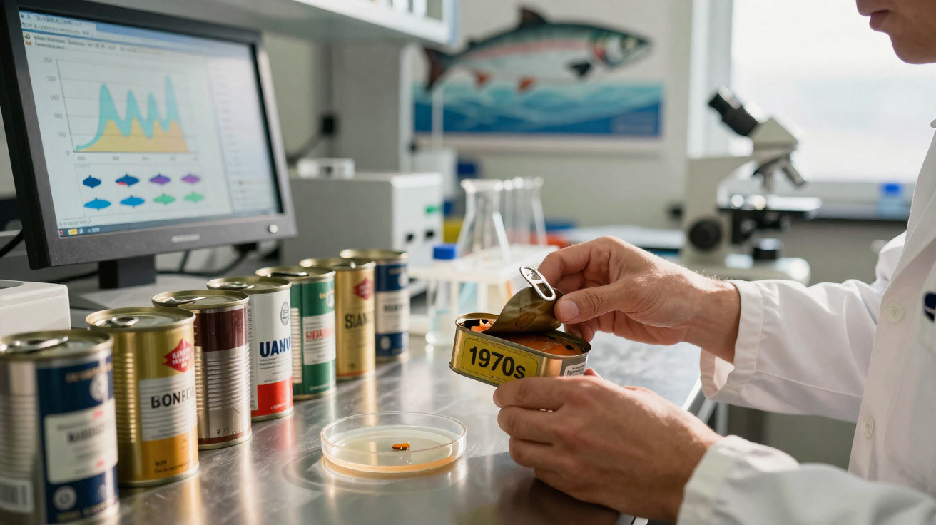 Cientista em laboratório a analisar lata de peixe rotulada como "1970s" com microscópio e gráfico ao fundo.