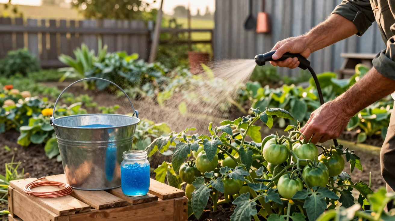 Pessoa a regar plantas de tomate num jardim com regador e balde metálico ao lado.