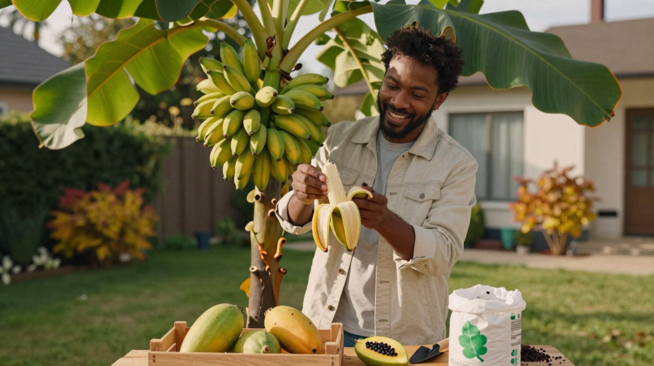 Homem sorridente a apanhar bananas verdes numa bananeira num jardim com frutos tropicais numa caixa de madeira.