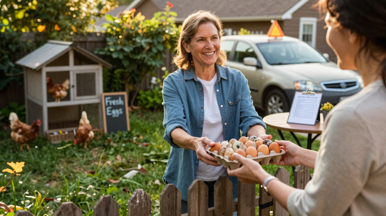 Mulher a vender ovos frescos num jardim, entregando uma caixa de ovos a outra pessoa.