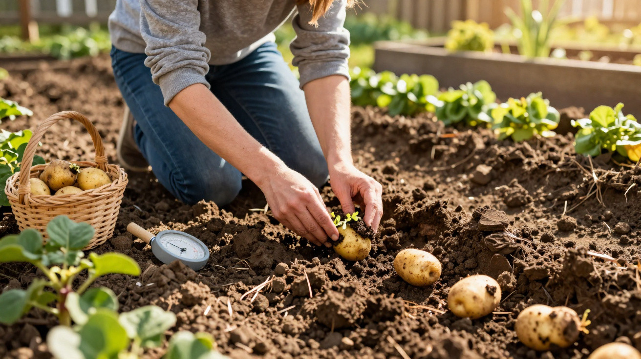 Pessoa a plantar batatas em solo fértil num jardim com cestinho de batatas ao lado.
