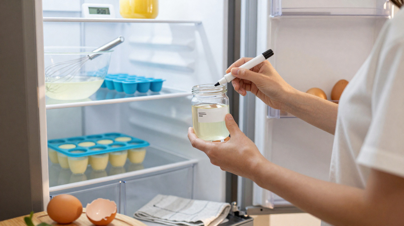 Pessoa a colocar etiqueta num frasco com líquido dentro de um frigorífico aberto, ao lado de ingredientes de cozinha.