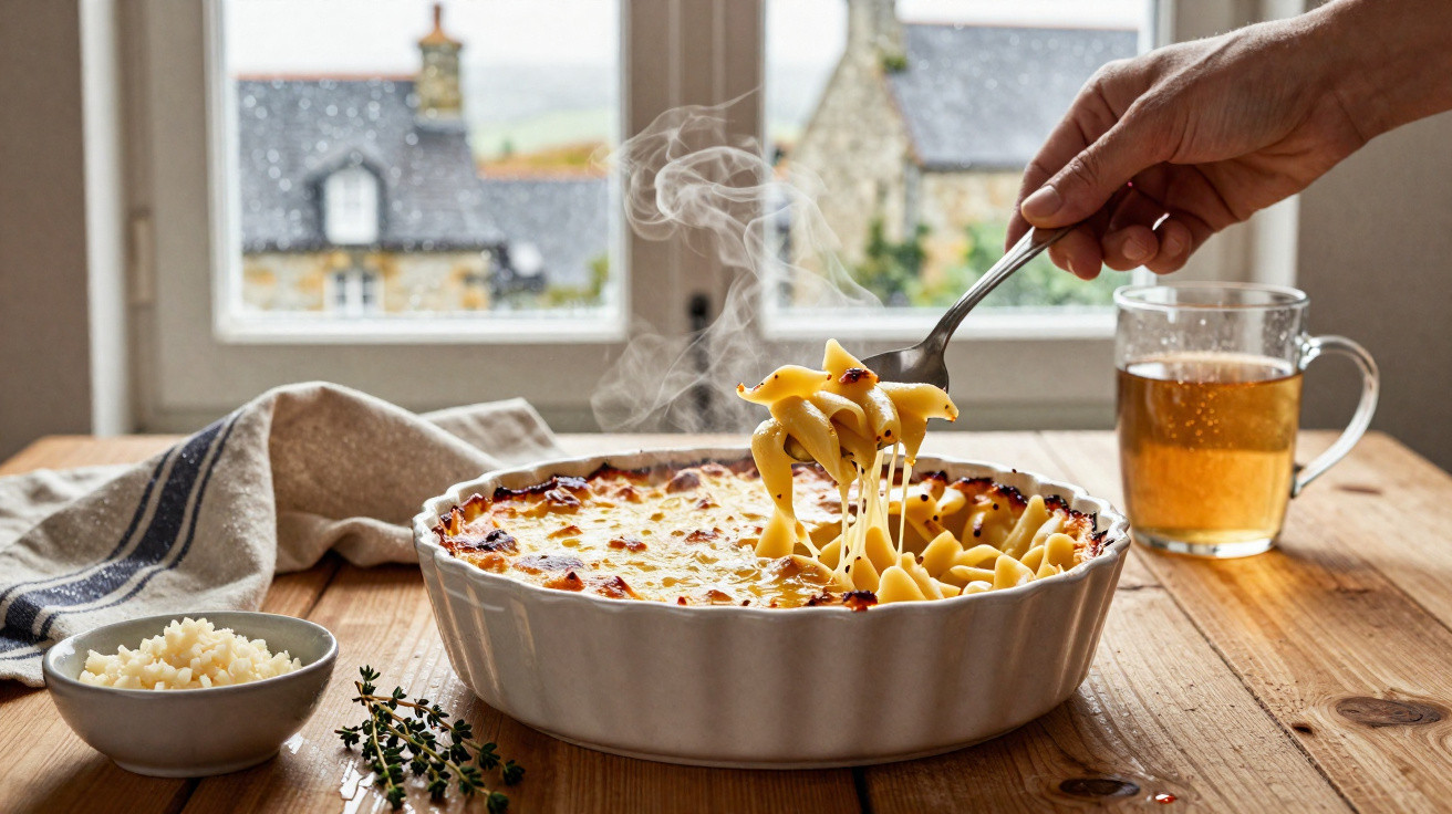 Pessoa a servir massa gratinada fumegante numa travessa, com chá e queijo numa mesa de madeira.