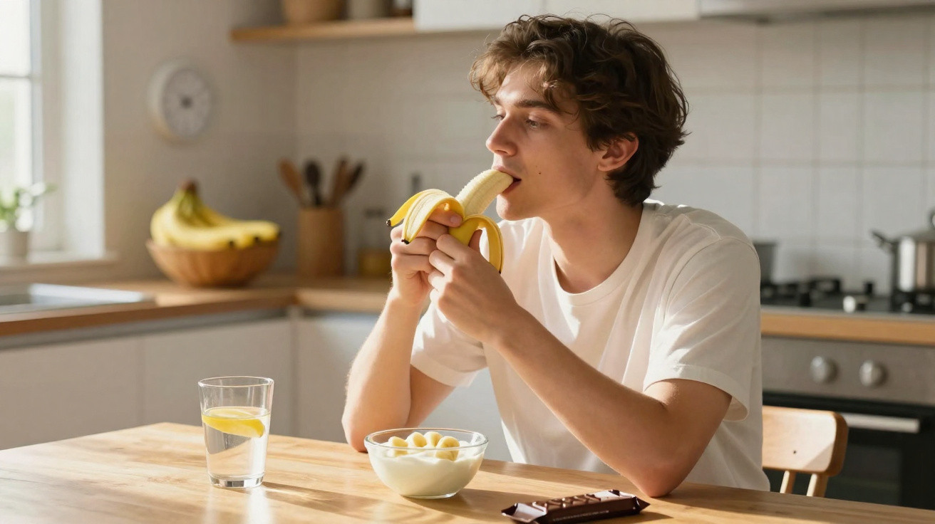 Jovem numa cozinha a comer uma banana com tigela de iogurte, barra de chocolate e copo de água com limão.