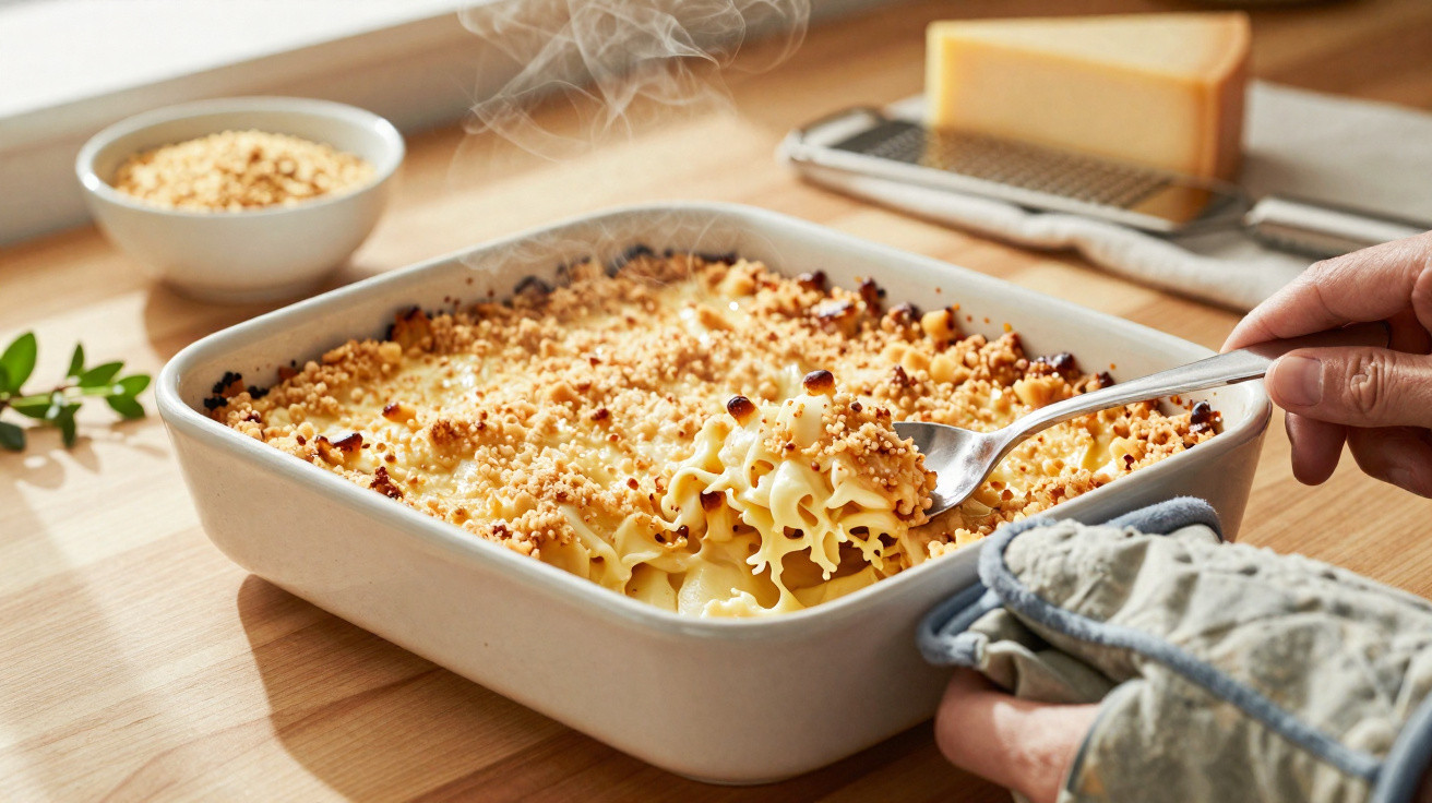 Casserole fumegante com cobertura crocante a ser servida numa colher numa cozinha acolhedora.