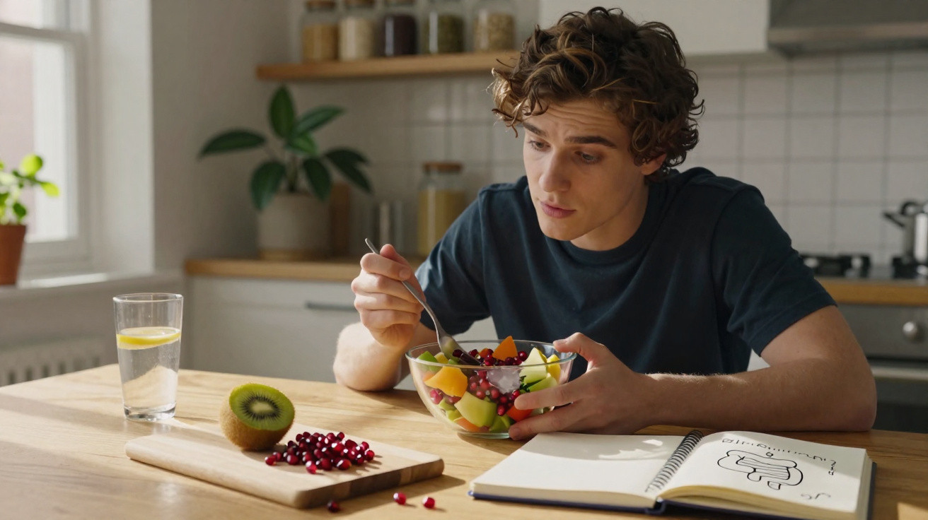 Jovem com camisola verde a comer salada de fruta numa cozinha enquanto está sentado à mesa com caderno aberto.