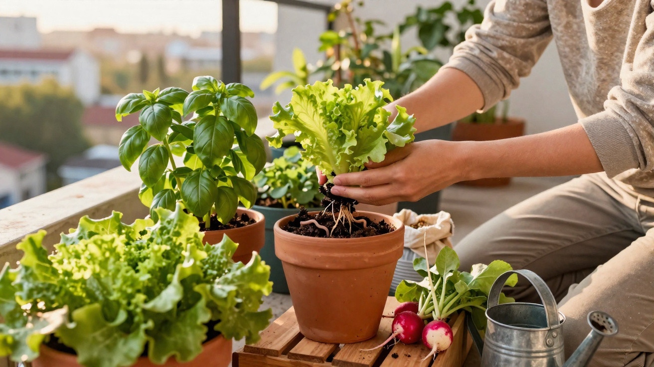 Pessoa a transplantar alface em vaso de barro num varandim com várias plantas e ferramentas de jardinagem.