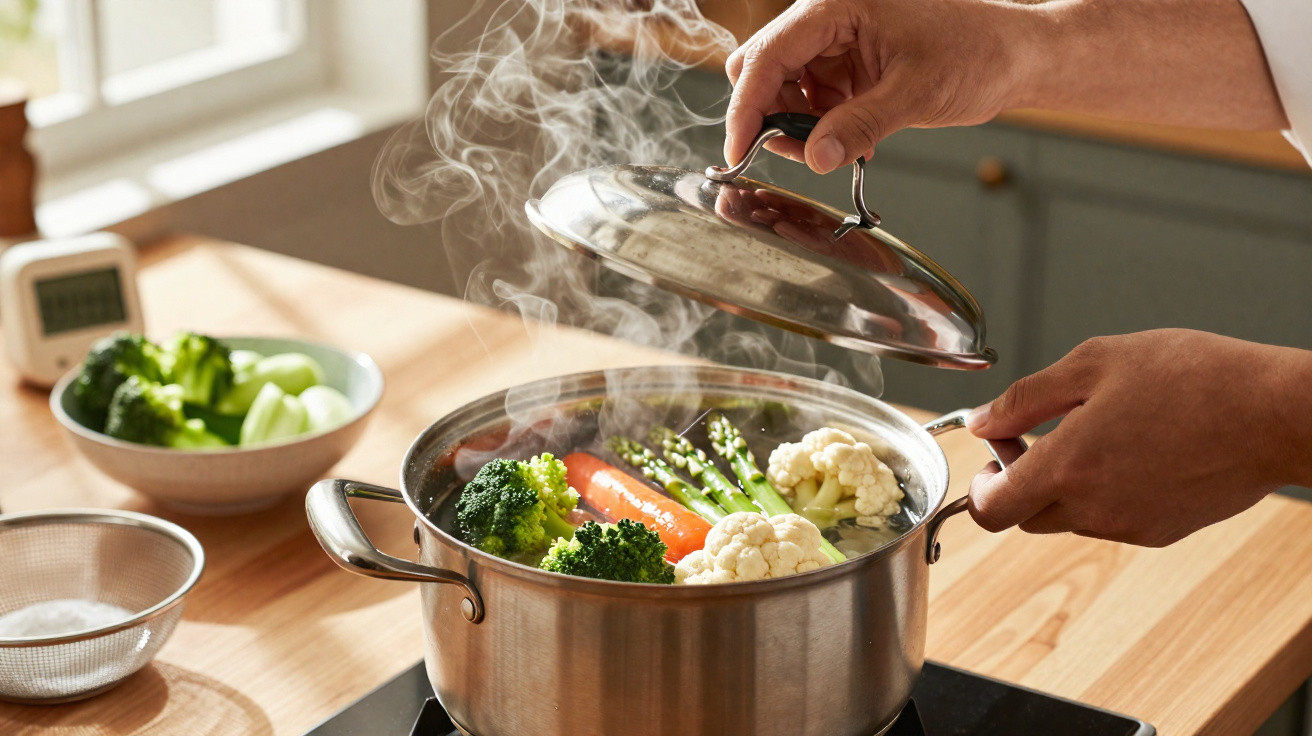 Mãos a retirar tampa de panela com legumes a vapor, incluindo brócolos, cenoura, couve-flor e espargos.