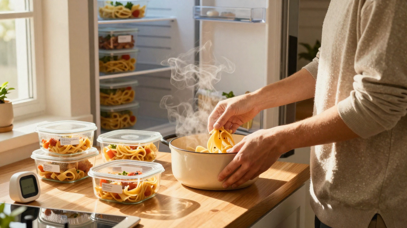 Pessoa a retirar massa de recipiente para panela com vapor, ao lado de vários recipientes com comida numa bancada de cozinha.