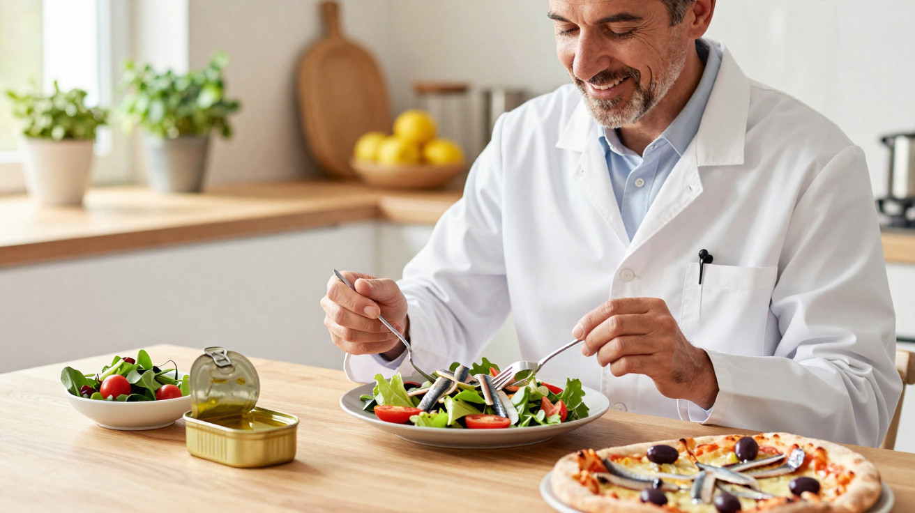 Homem de bata branca saboreia salada com legumes e sardinhas numa cozinha moderna e luminosa.