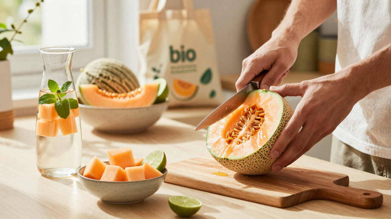 Pessoa a cortar um melão cantaloupe maduro numa tábua de madeira numa cozinha iluminada.