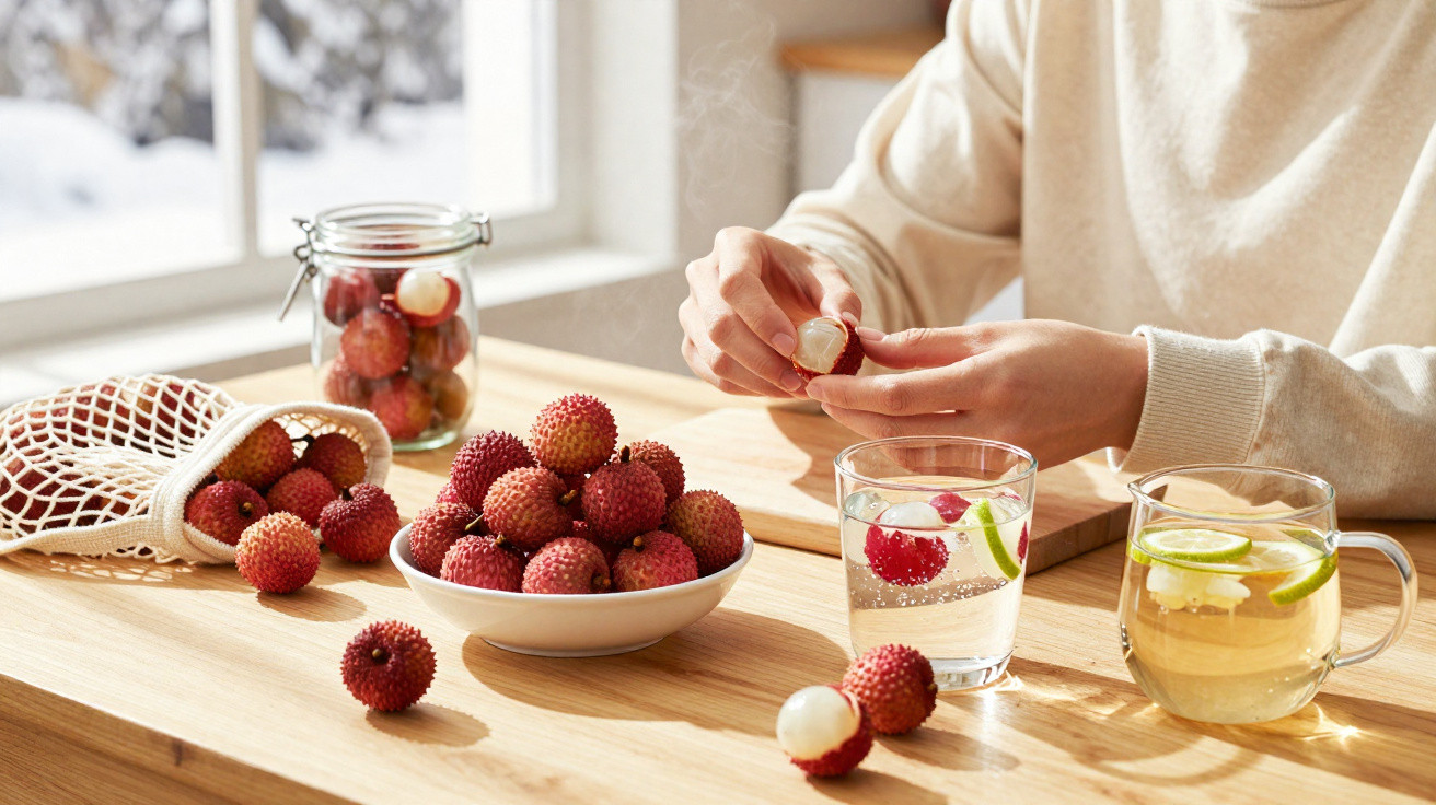 Pessoa a descascar lichia numa mesa com um prato de lichias, chá quente e copo de água com fruta fresca.
