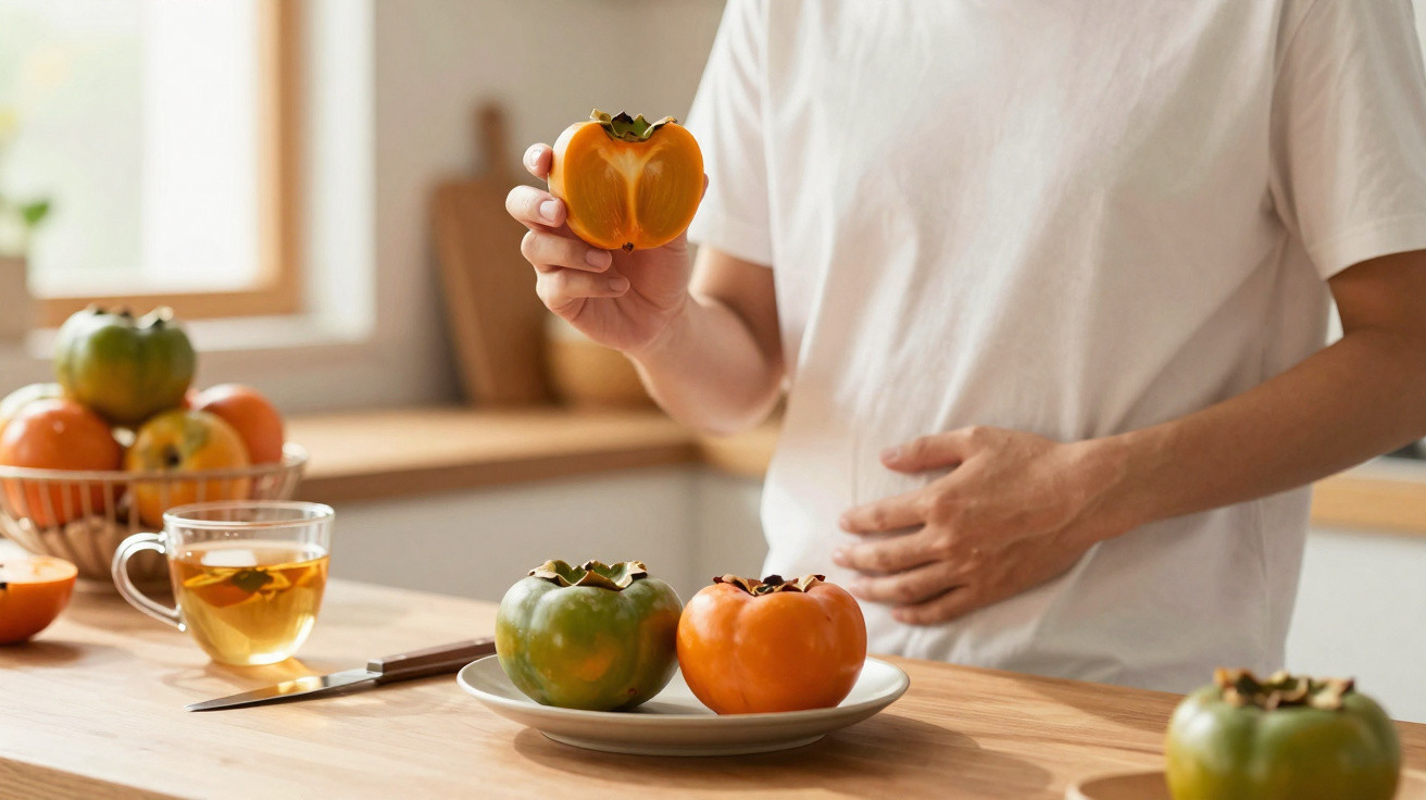 Pessoa segurando caqui verde e tocando a barriga, com frutos e chá numa mesa de cozinha.