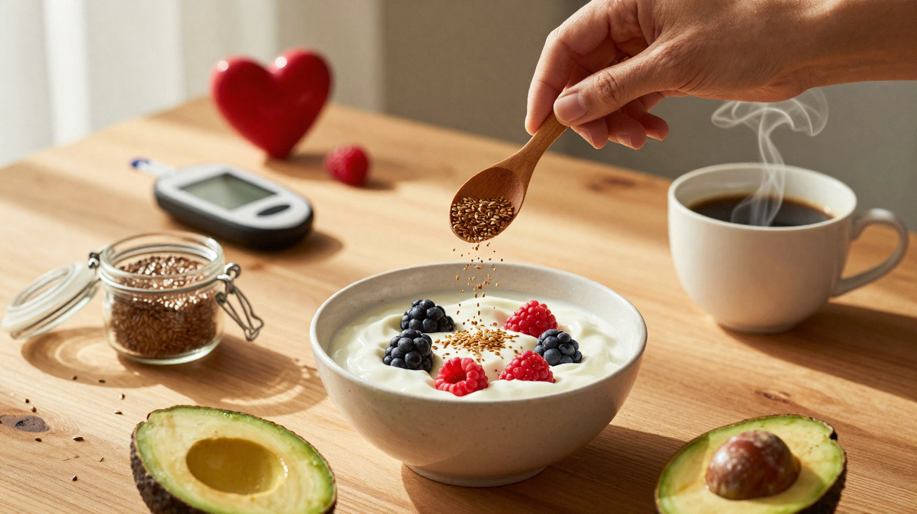 Mão a polvilhar sementes num iogurte com frutos vermelhos, abacate, um medidor de glicemia, coração e chá quente.