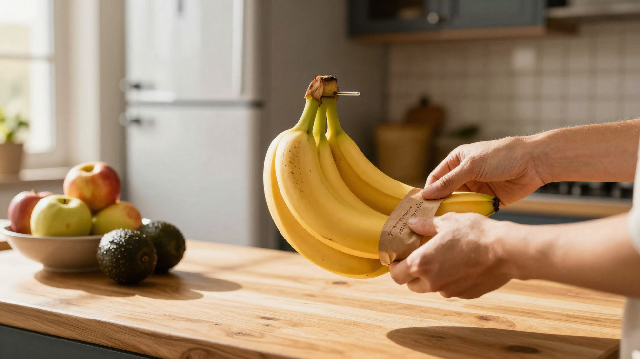 Pessoa a colocar etiqueta num cacho de bananas pendurado, com frutas numa taça ao fundo numa cozinha iluminada.