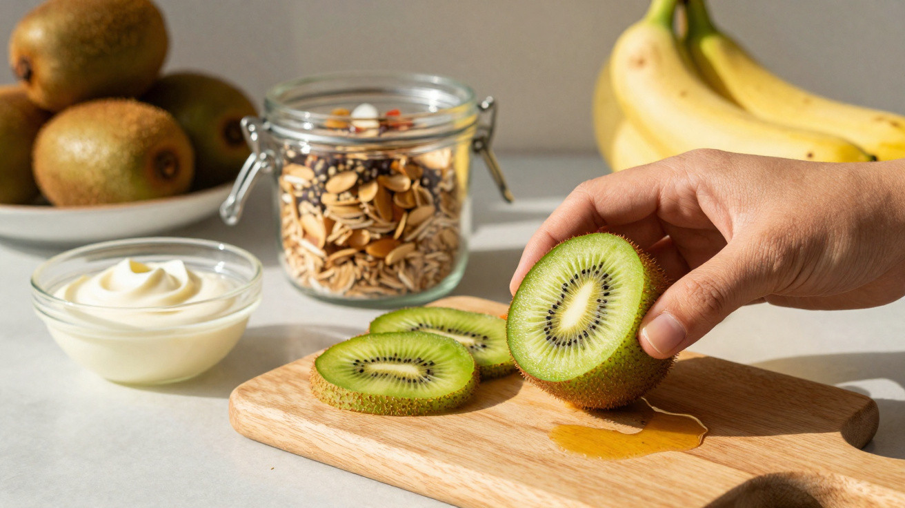 Mão segurando metade de um kiwi cortado com mais kiwis, bananas, iogurte e sementes ao fundo.