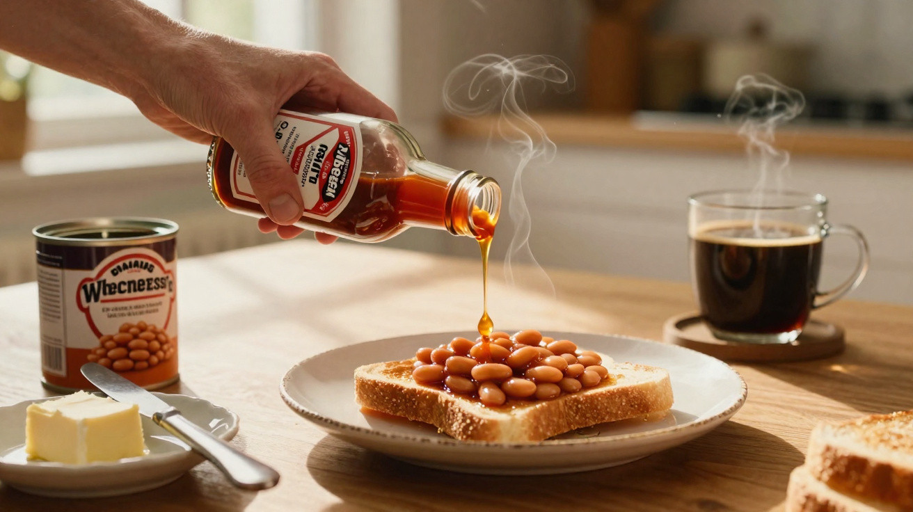 Torrada com feijão quente e molho a ser derramado, manteiga, molho Worcester e café numa mesa de madeira.