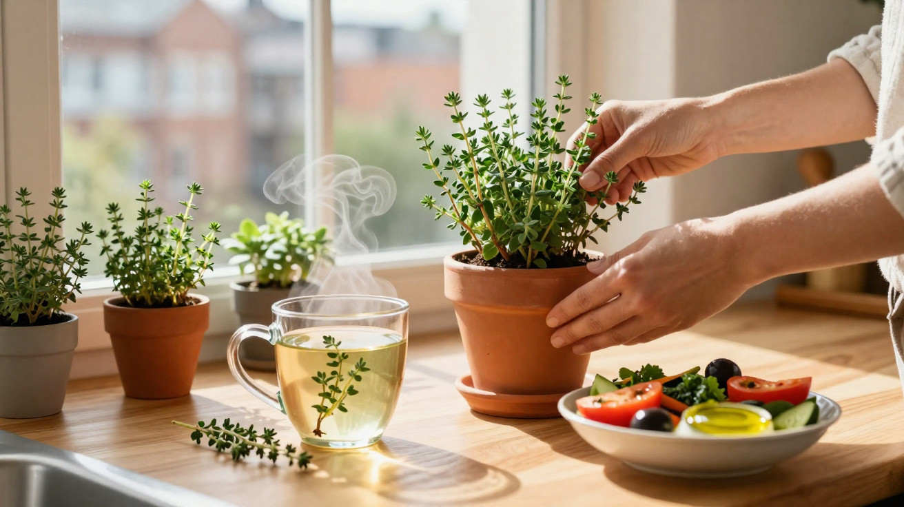 Mãos colhem ervas aromáticas de vaso, chá quente com ramo de erva na mesa junto a janela ensolarada.
