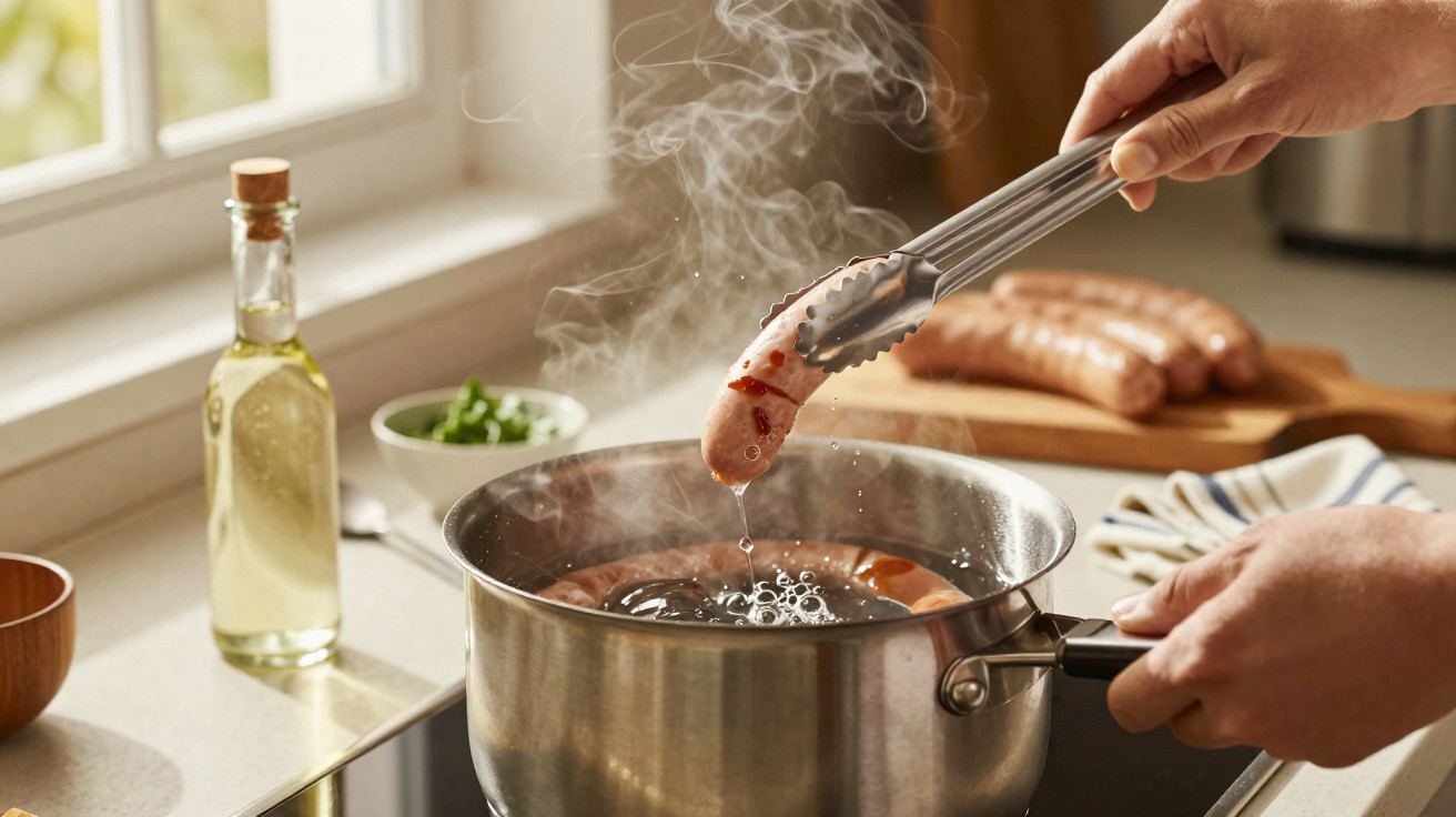 Pessoa a retirar chouriço fumegante de panela com pinças numa cozinha moderna.
