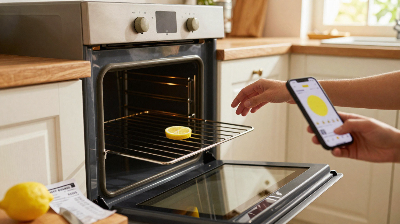 Pessoa a colocar metade de um limão num forno, com o telemóvel na outra mão, numa cozinha luminosa.