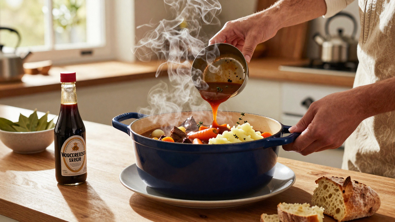Pessoa a servir guisado fumegante de panela azul para prato com puré de batata numa cozinha moderna.
