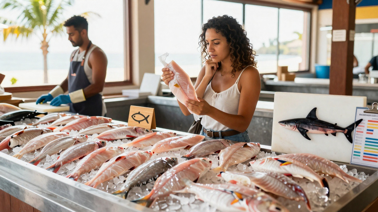 Mulher a escolher peixe fresco num mercado de peixe ao ar livre com vendedor ao fundo.