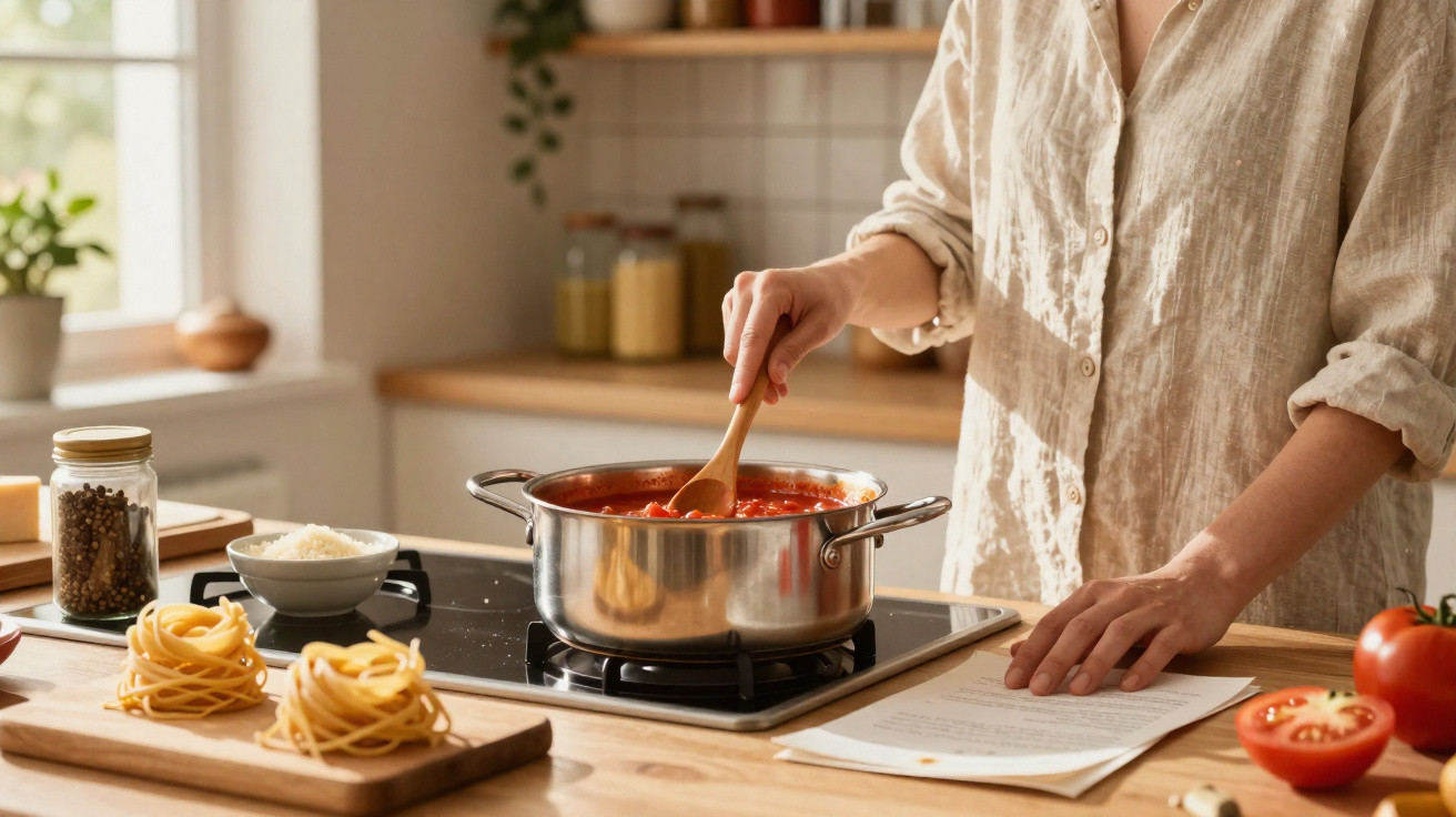 Pessoa a mexer um tacho com molho de tomate em fogão de cozinha moderna, consultando receita.