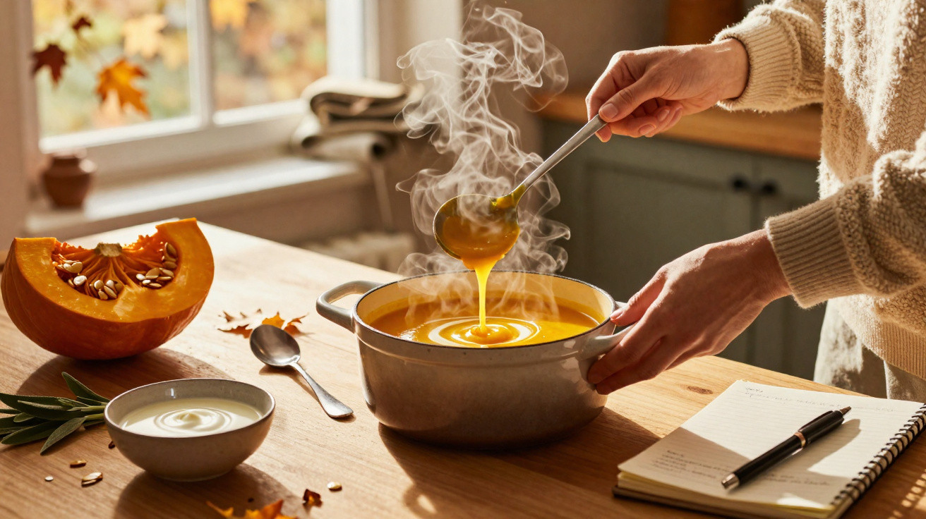 Pessoa a servir sopa quente de abóbora numa panela, com abóbora cortada, iogurte e caderno na mesa.