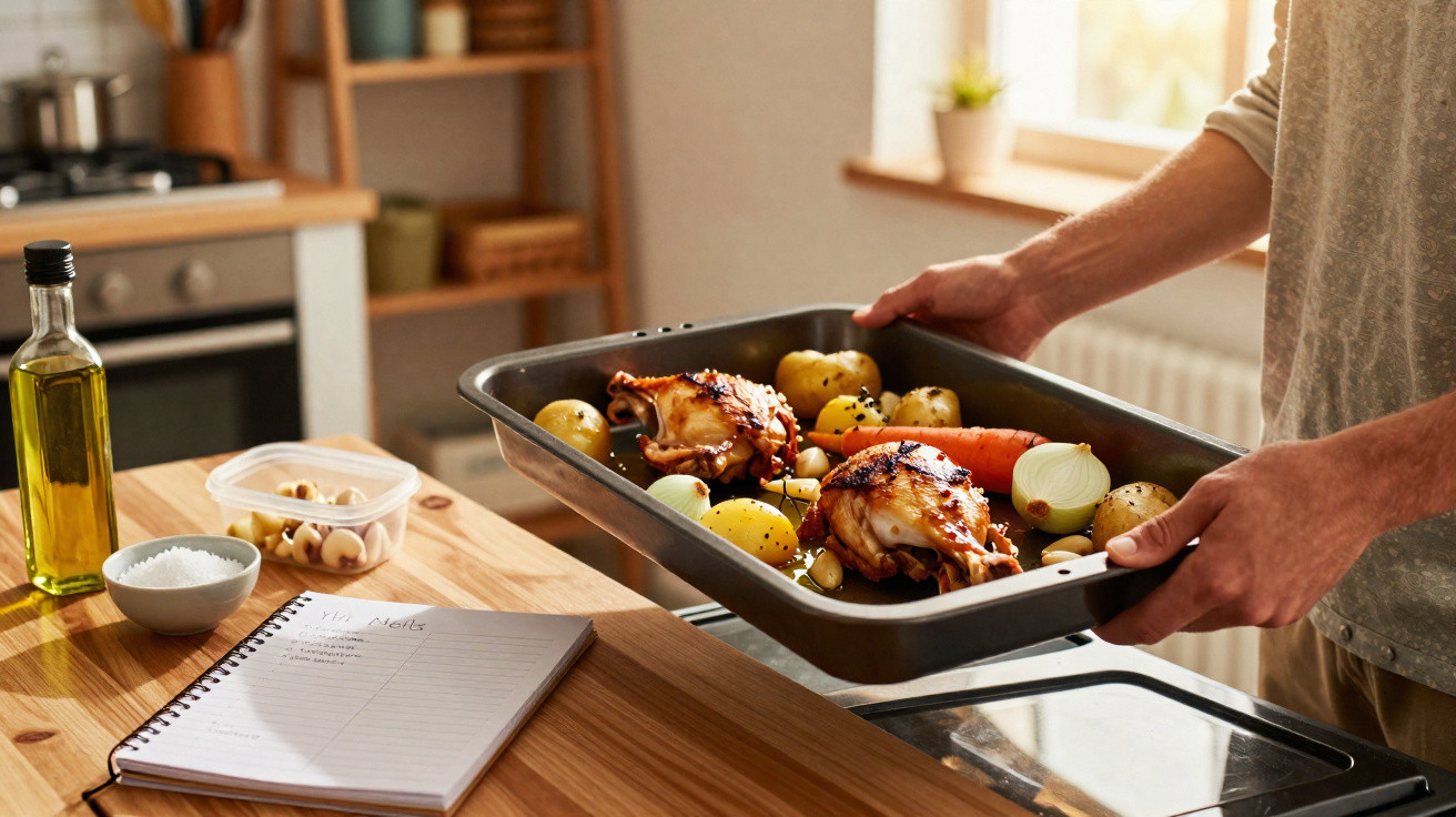 Pessoa a colocar assadeira com frango e legumes temperados no forno numa cozinha iluminada.