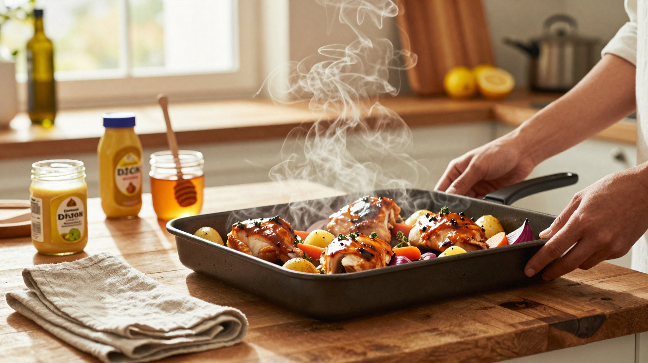 Tabuleiro com frango assado fumegante e batatas numa cozinha, mãos seguram o tabuleiro.