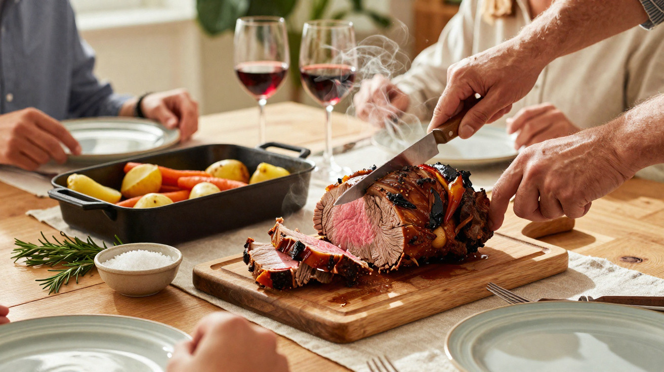 Pessoa a cortar carne assada fumegante numa tábua, com legumes assados e copos de vinho na mesa.