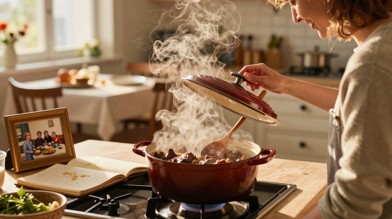 Pessoa a levantar a tampa de panela com vapor, cozinhando numa cozinha iluminada e acolhedora.