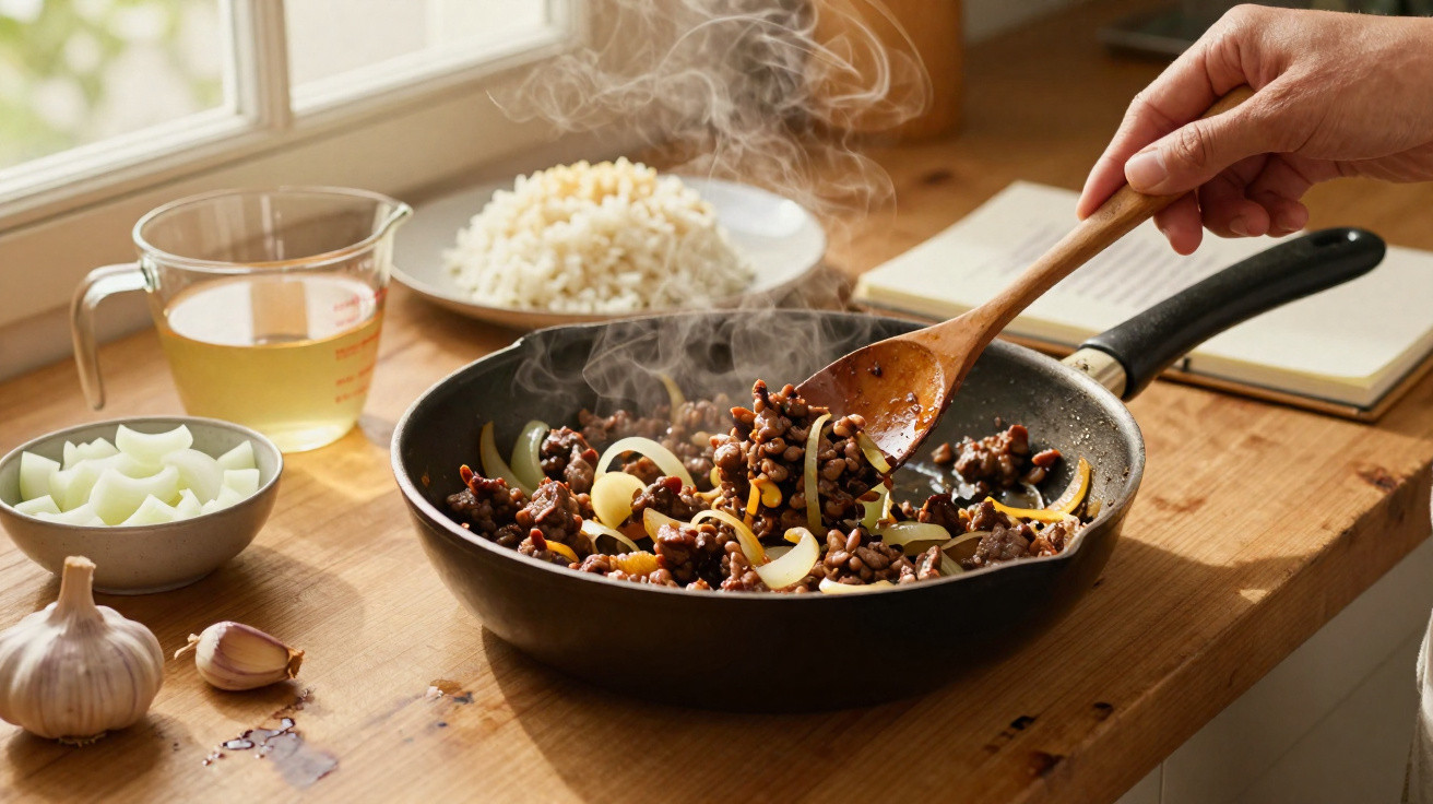 Carne e lentilhas a cozinhar numa frigideira com cebola, alho e um copo de caldo ao lado numa mesa de madeira.