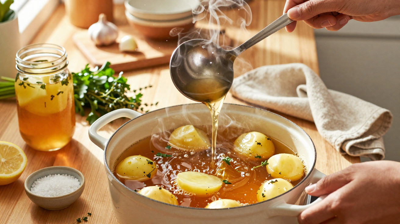 Mãos a servir caldo quente com batatas numa panela branca numa cozinha com jarra, ervas e limão ao lado.