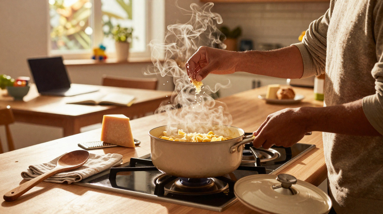 Pessoa a temperar comida numa panela a ferver numa cozinha iluminada pela luz natural.