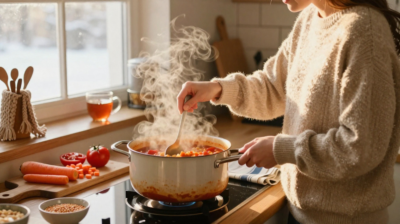 Pessoa a cozinhar uma sopa quente com legumes numa panela numa cozinha luminosa e acolhedora.